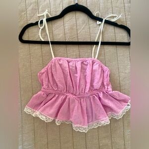Urban Outfitters - Pink Babydoll Top w/ Lace Trim & Adjustable Straps